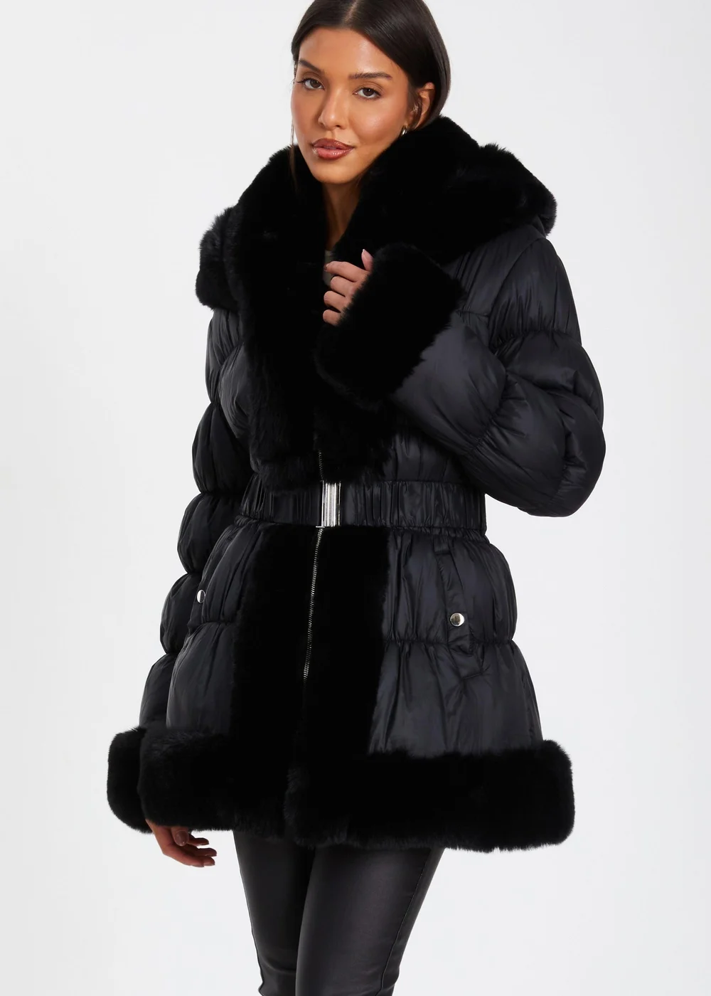 Quiz Black Padded Faux Fur Trim Jacket - 4 Image 1