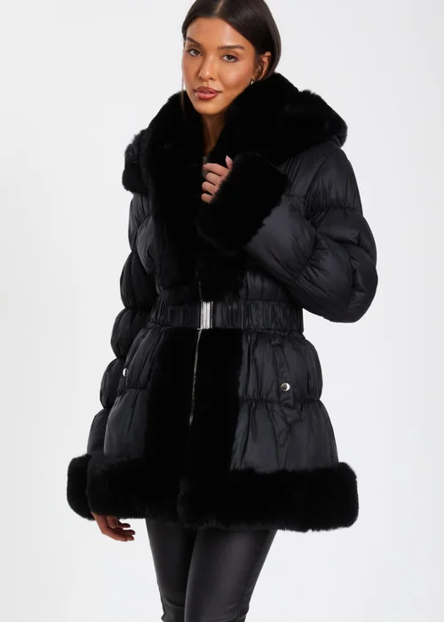 Quiz Black Padded Faux Fur Trim Jacket - 4 Image 1