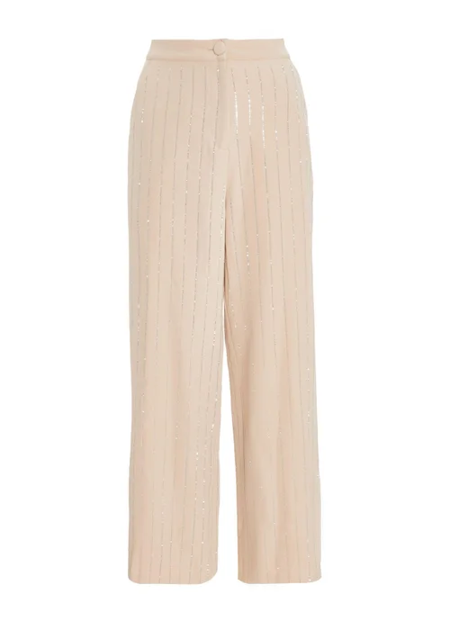 Quiz Beige Pinstripe Embellished Wide Leg Trousers - 6 Image 4