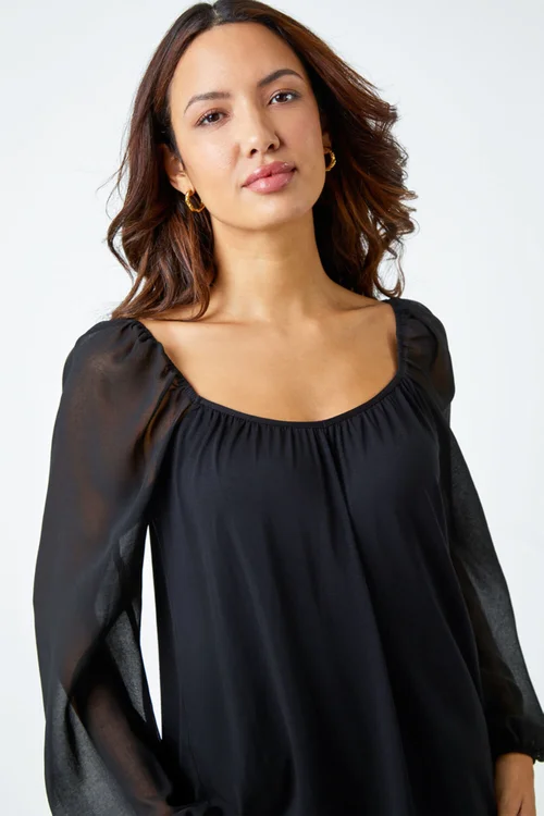 Roman Black Contrast Chiffon Sleeve Stretch Top - Size 22 Image 4