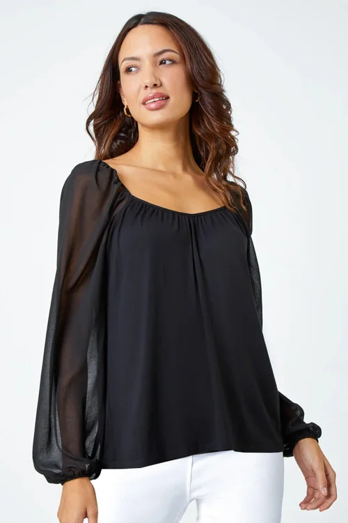 Roman Black Contrast Chiffon Sleeve Stretch Top - Size 22 Image 1