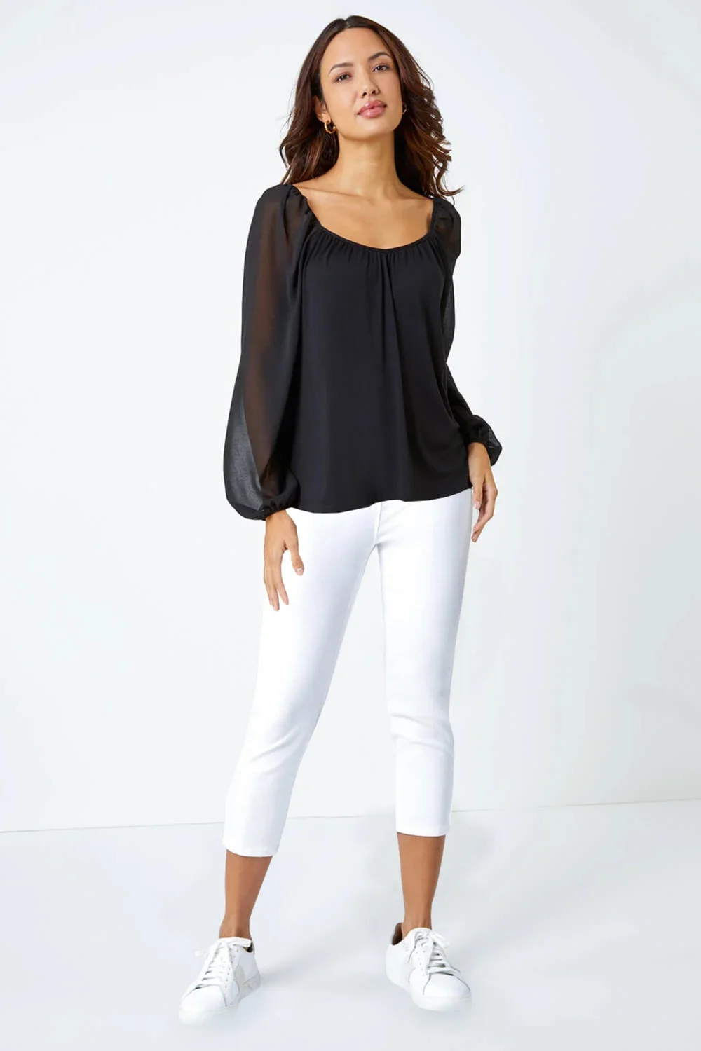 Roman Black Contrast Chiffon Sleeve Stretch Top - Size 22 Image 2