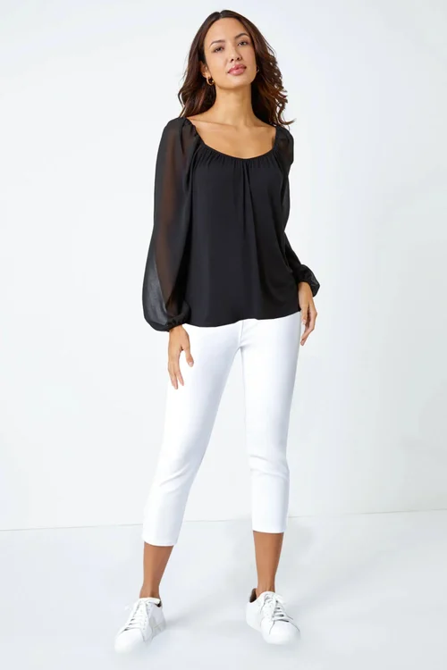 Roman Black Contrast Chiffon Sleeve Stretch Top - Size 22 Image 2