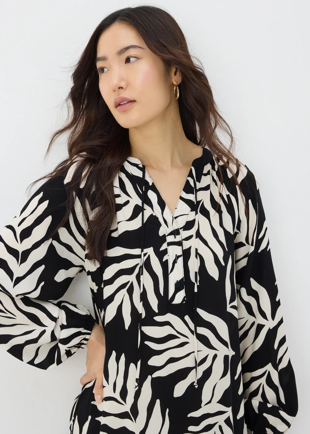 Black Monochrome Leaf Print Tunic Midaxi Dress - 8 Image 3