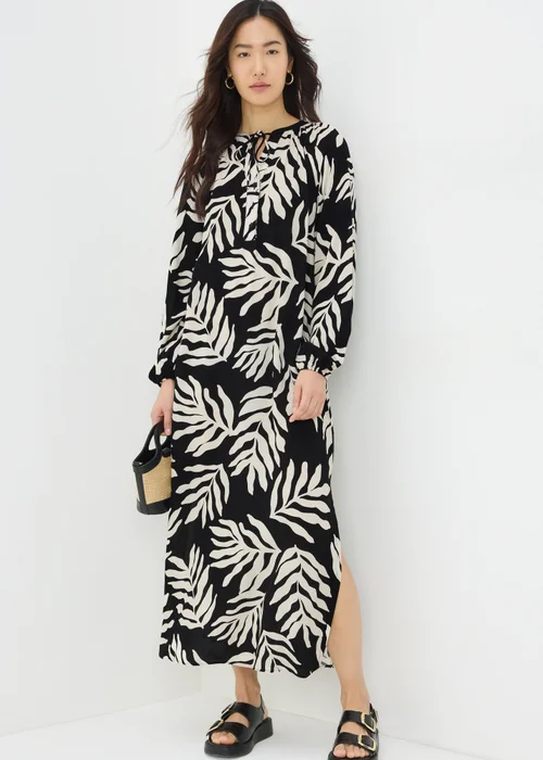 Black Monochrome Leaf Print Tunic Midaxi Dress - 8 Image 1
