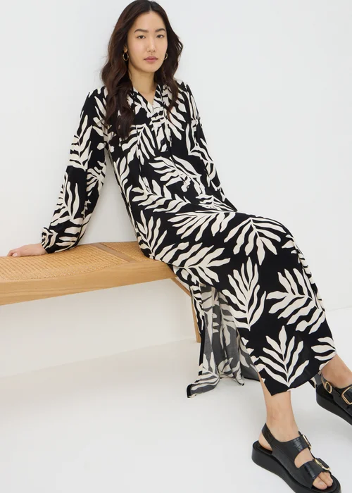 Black Monochrome Leaf Print Tunic Midaxi Dress - 8 Image 2