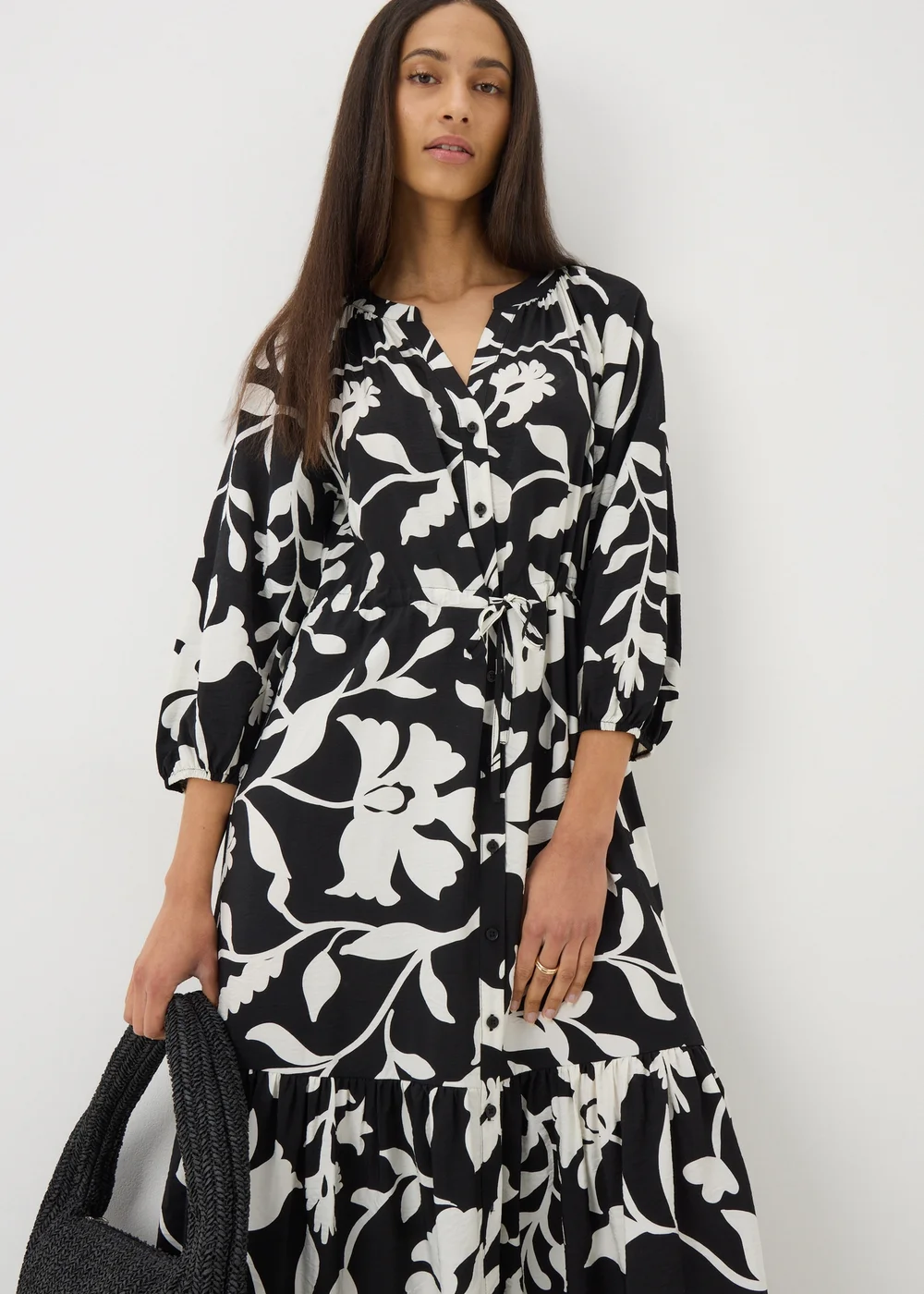 Black Floral Raglan Midi Shirt Dress - 8 Image 1