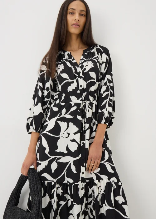 Black Floral Raglan Midi Shirt Dress - 8 Image 1