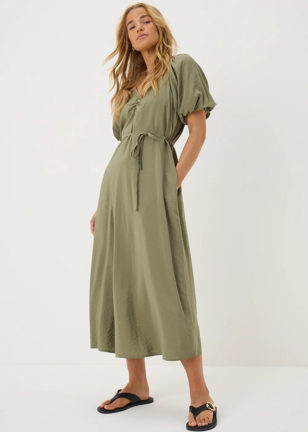 Khaki Tie Waist Midi Dress - 8 Image 1