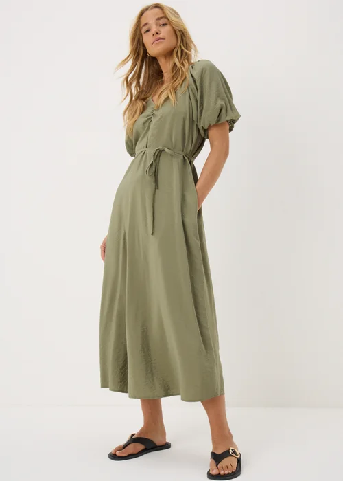 Khaki Tie Waist Midi Dress - 8 Image 1