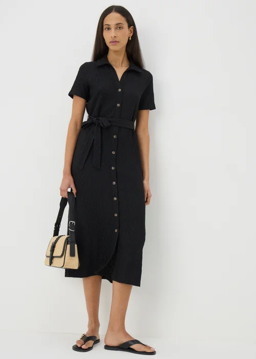 Black Textured Button Through Midi Dress - 8 Image 2