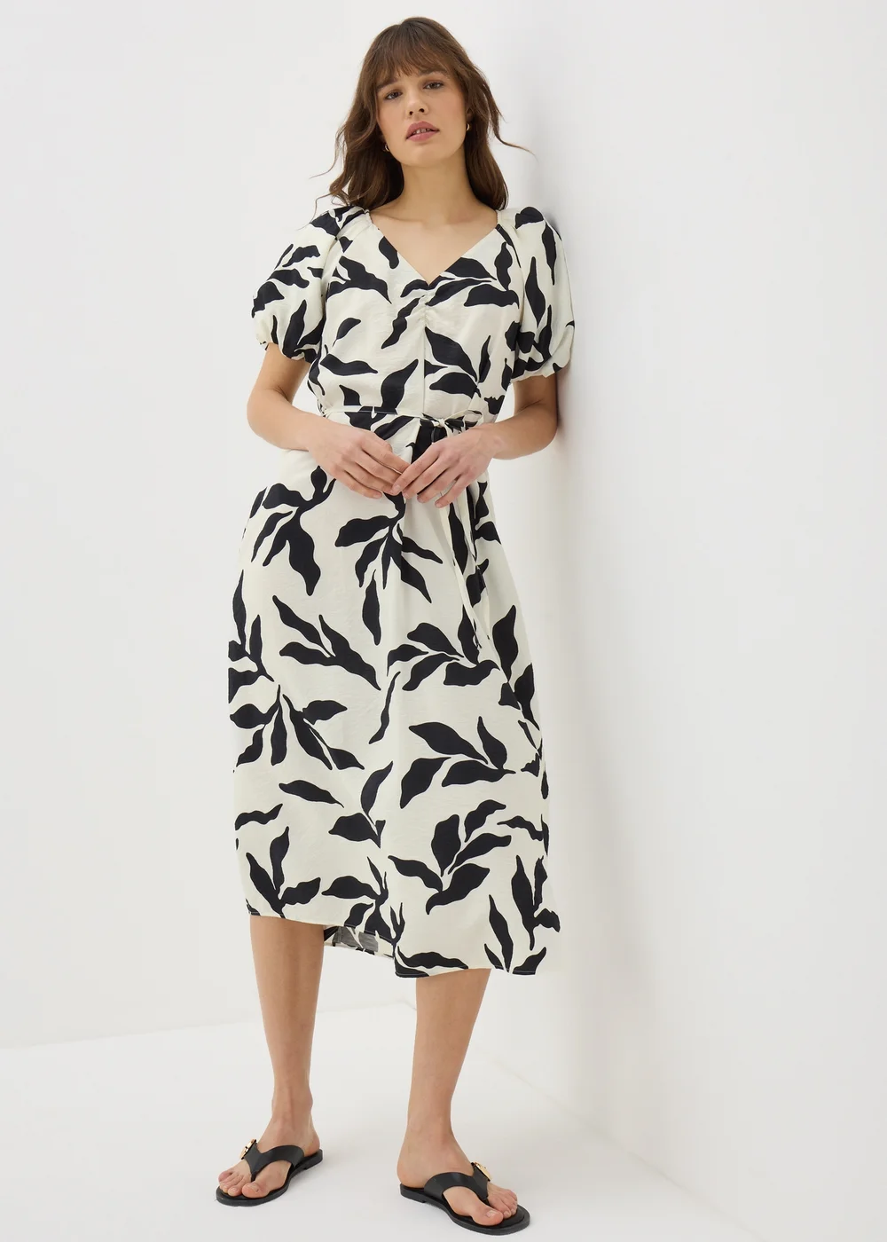 Papaya Petite Cream Leaf Puff Sleeve Tie Midi Dress - 6 Image 1