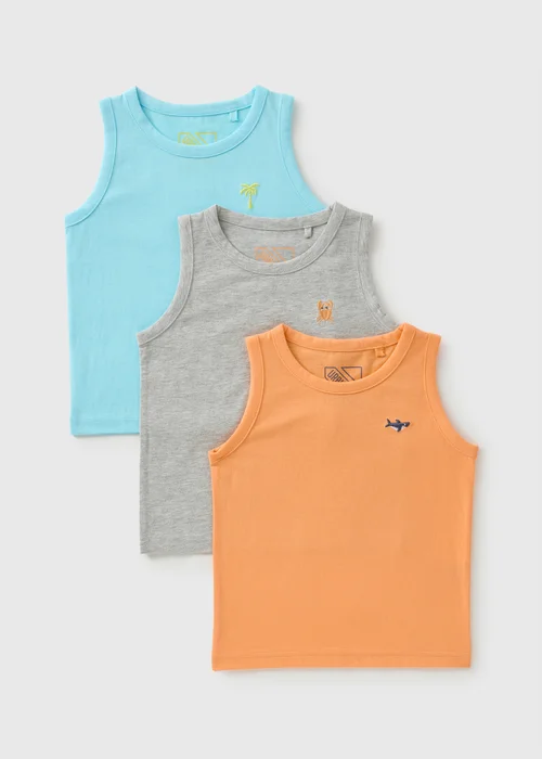 Boys 3 Pack Orange/Blue/Grey Embroidered Vests (1-7yrs) - 1-1.5 Yrs Image 1