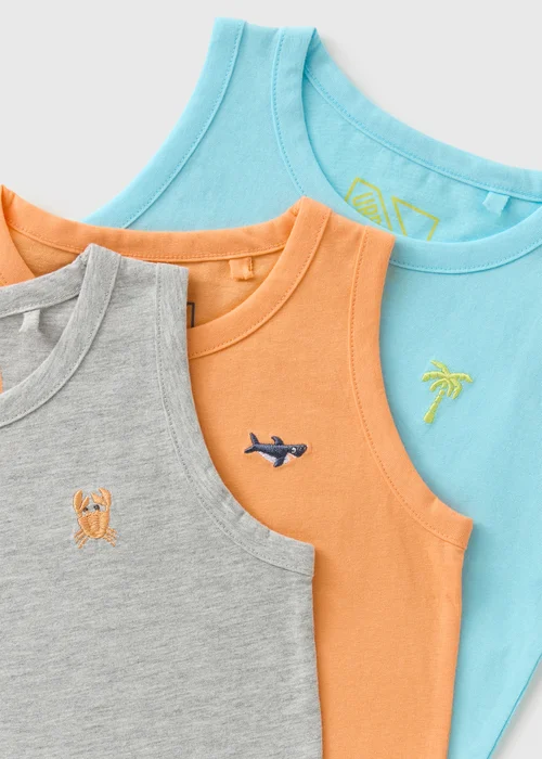 Boys 3 Pack Orange/Blue/Grey Embroidered Vests (1-7yrs) - 1-1.5 Yrs Image 2