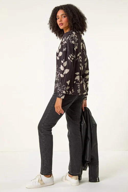 Roman Dark Grey Mono Floral Collared Top - Size 22 Image 3