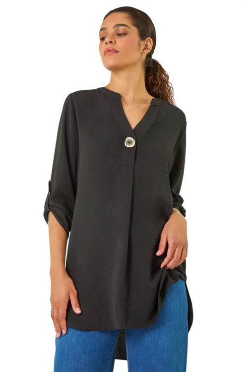Roman Black V-Neck Button Detail Top - 10 Image 1