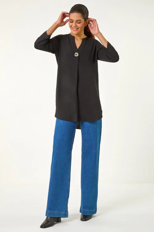 Roman Black V-Neck Button Detail Top - 10 Image 3