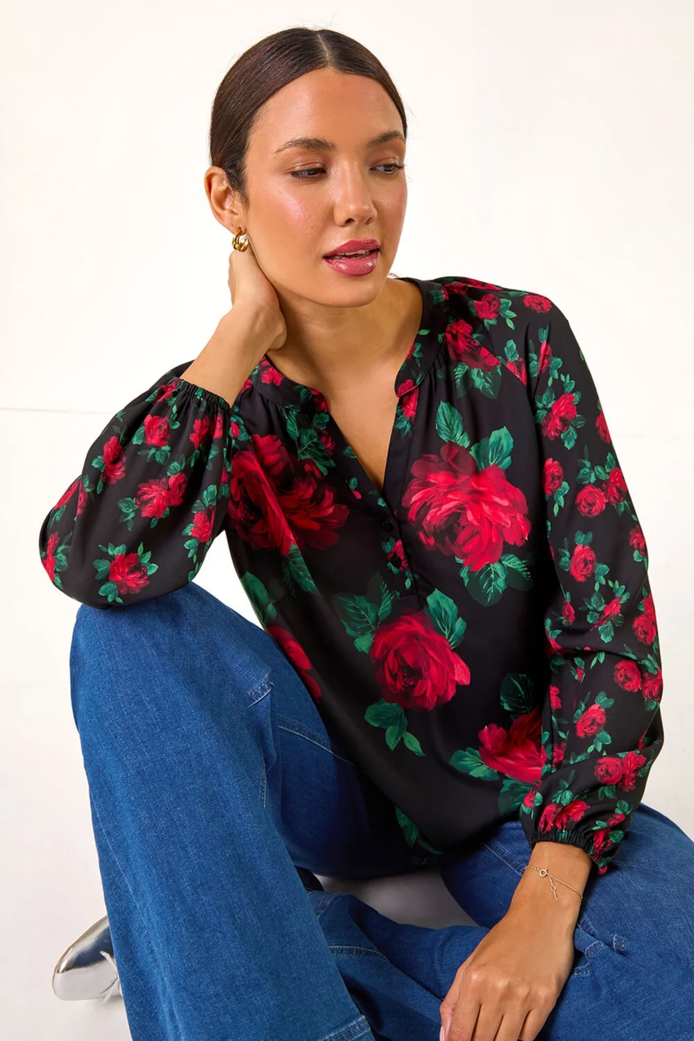 Roman Red Floral Print Notch Neck Top - Size 12 Image 2