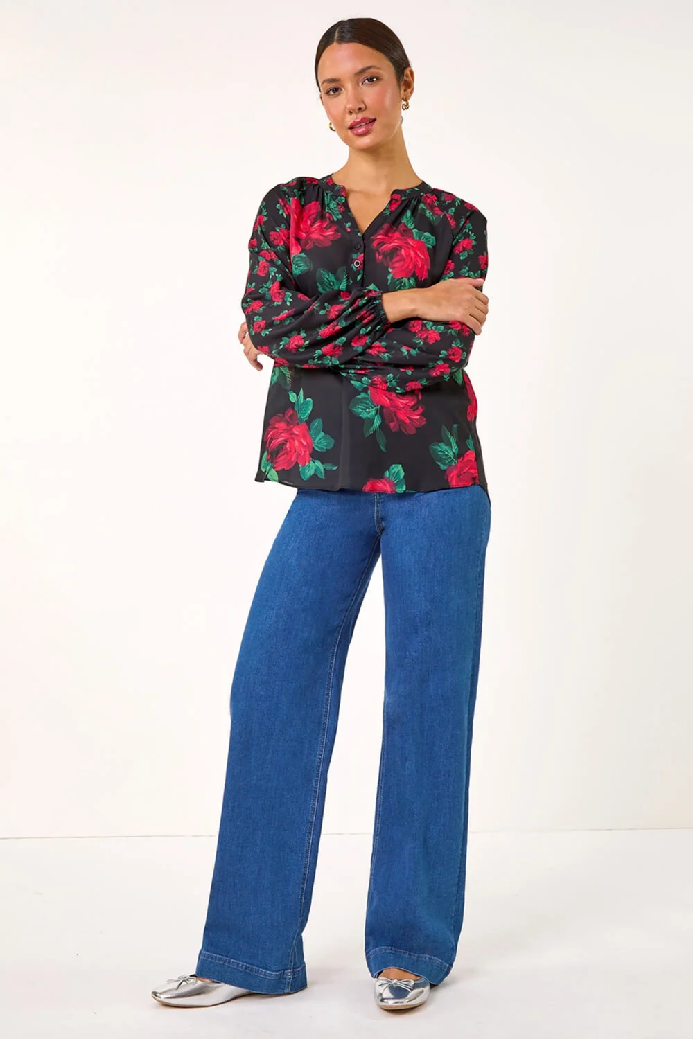 Roman Red Floral Print Notch Neck Top - Size 12 Image 3