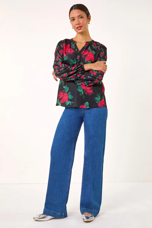 Roman Red Floral Print Notch Neck Top - Size 12 Image 3