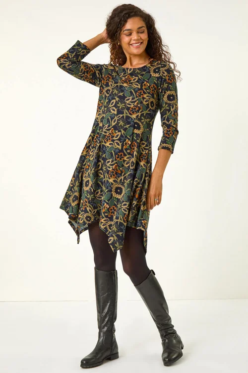 Roman Green Floral Print Hanky Hem Stretch Dress - 22 Image 2