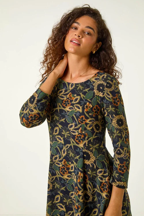 Roman Green Floral Print Hanky Hem Stretch Dress - 22 Image 4