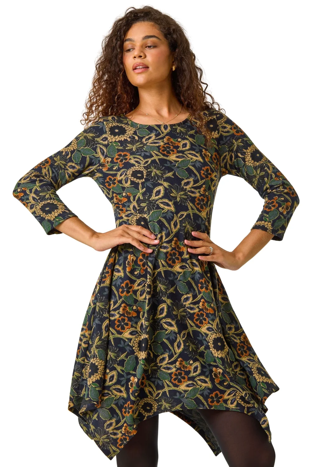 Roman Green Floral Print Hanky Hem Stretch Dress - 22 Image 1