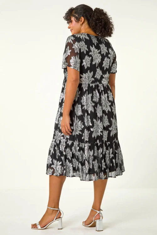 Roman Silver Curve V-Neck Print Tiered Midi Dress - 18 Image 3
