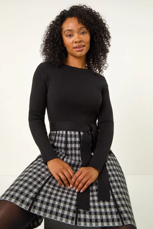 Roman Grey Petite Contrast Check Knitted Dress - Size 10 Image 2