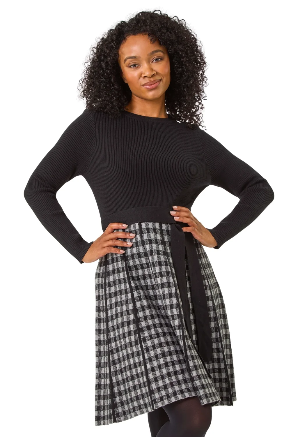 Roman Grey Petite Contrast Check Knitted Dress - Size 10 Image 1