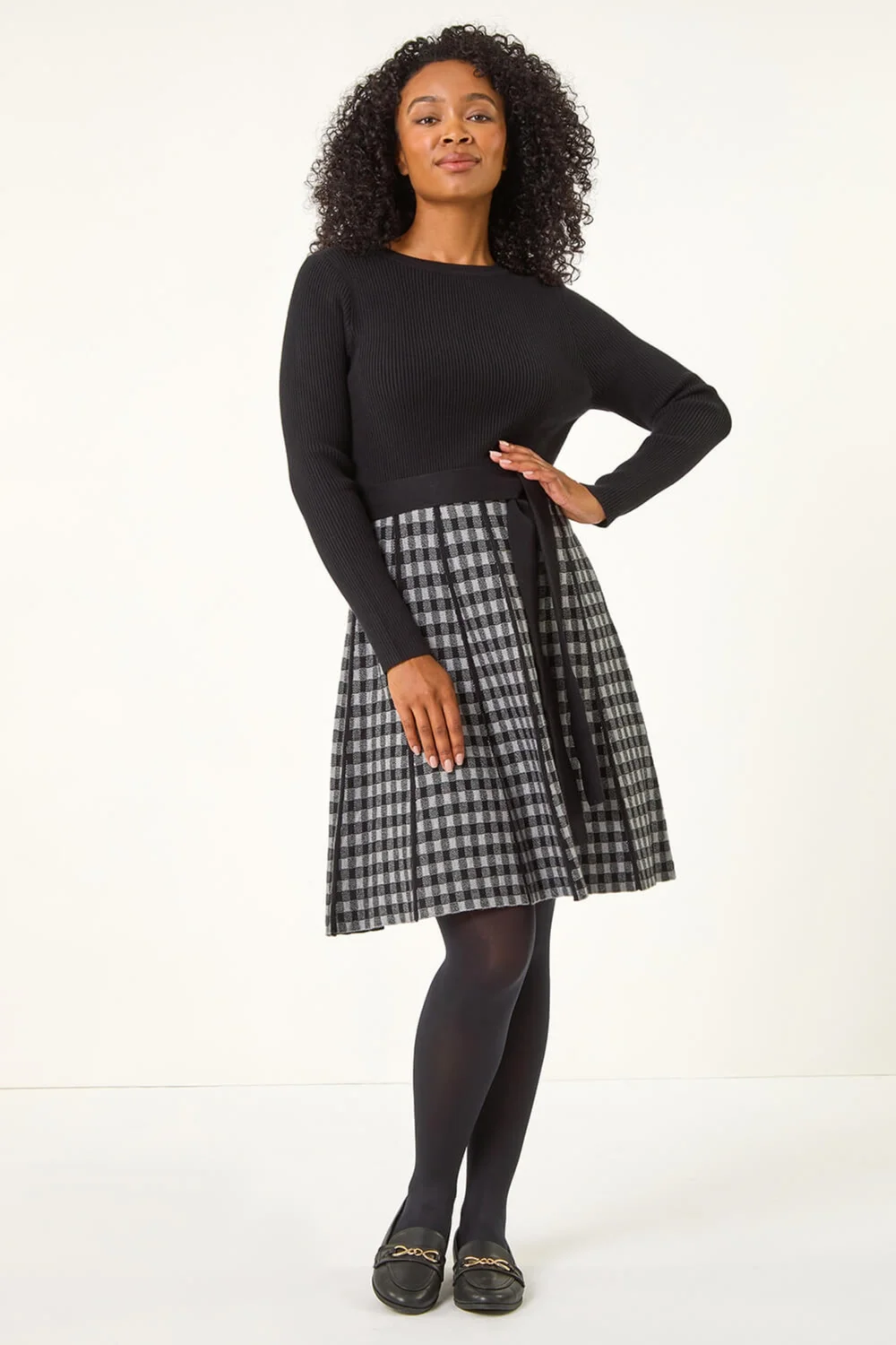 Roman Grey Petite Contrast Check Knitted Dress - Size 10 Image 3