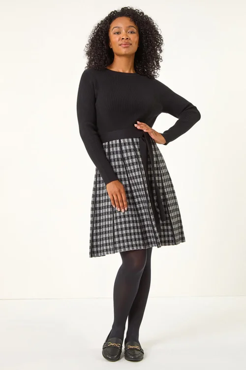 Roman Grey Petite Contrast Check Knitted Dress - Size 10 Image 3