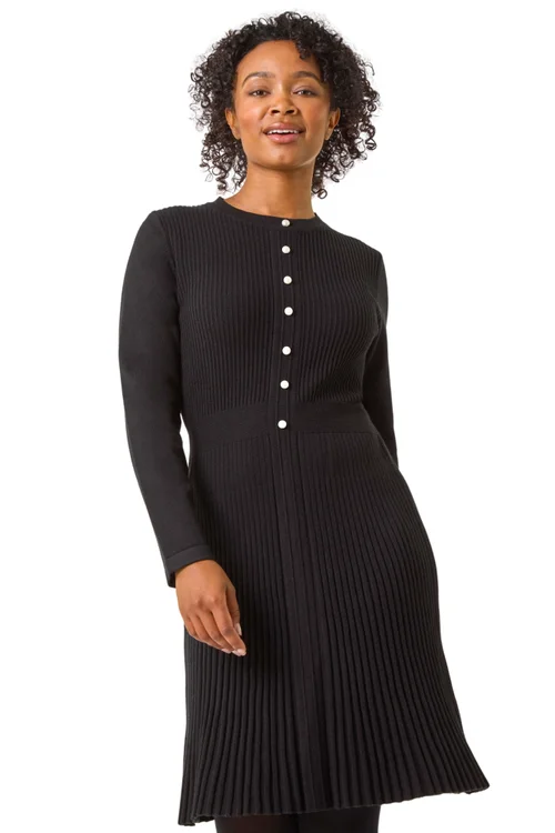 Roman Black Petite Pearl Button Knitted Dress - 8 Image 1