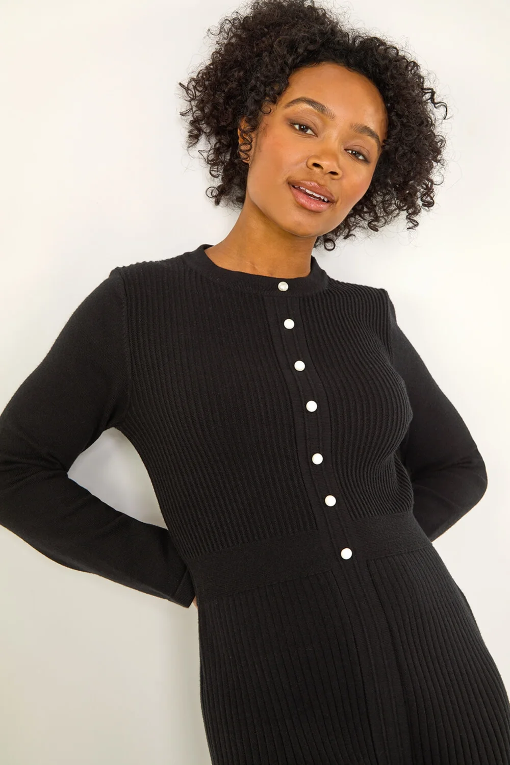 Roman Black Petite Pearl Button Knitted Dress - 8 Image 2