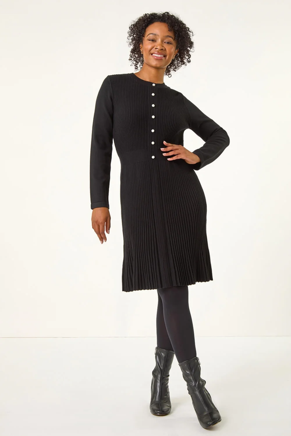 Roman Black Petite Pearl Button Knitted Dress - 8 Image 3