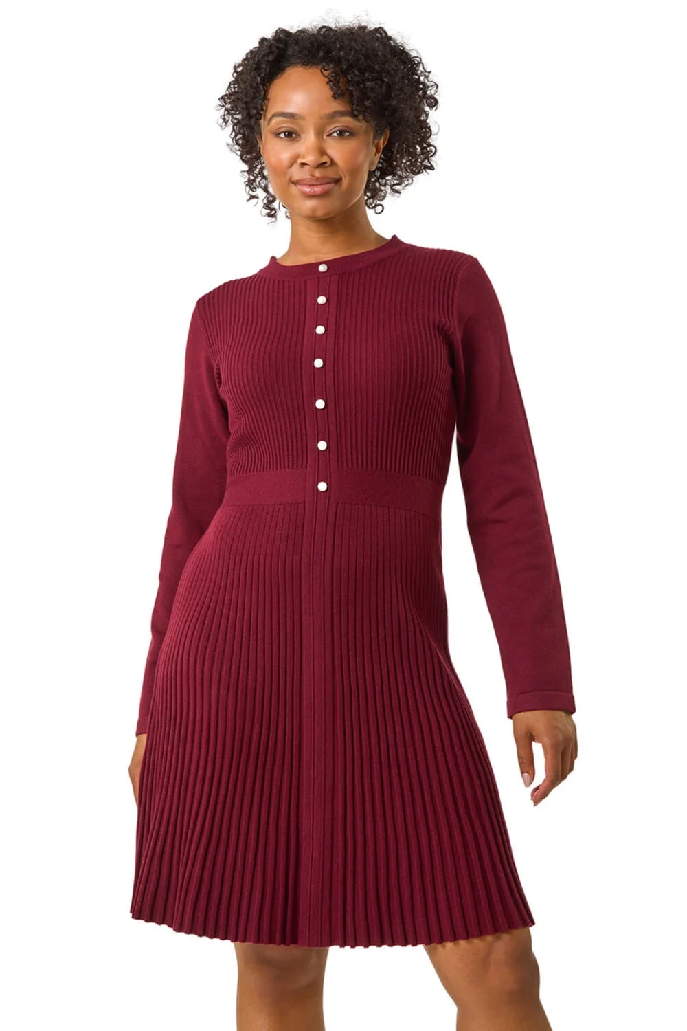 Roman Burgundy Petite Pearl Button Knitted Dress - 8 Image 1