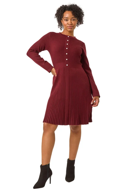 Roman Burgundy Petite Pearl Button Knitted Dress - 8 Image 2