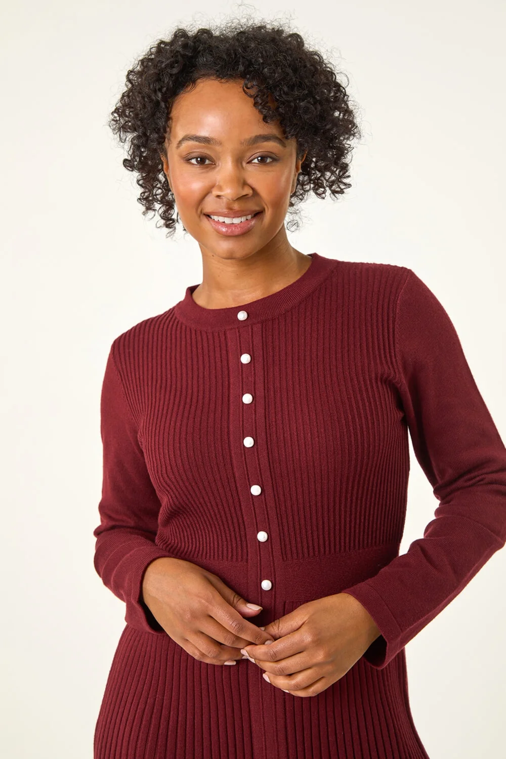 Roman Burgundy Petite Pearl Button Knitted Dress - 8 Image 4
