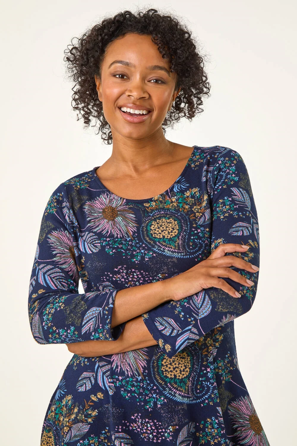 Roman Navy Petite Floral Print A-Line Stretch Dress - 10 Image 4