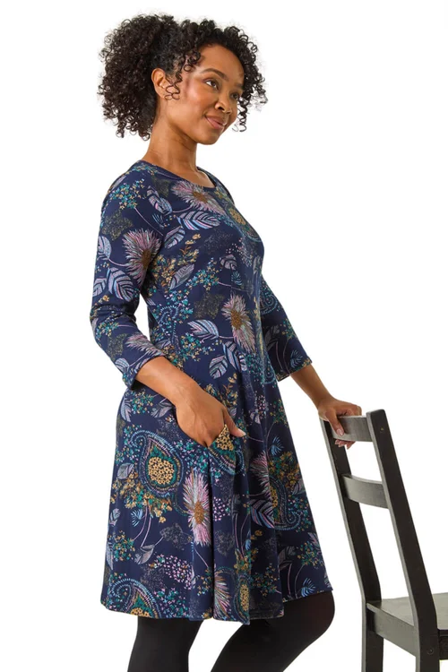 Roman Navy Petite Floral Print A-Line Stretch Dress - 10 Image 1
