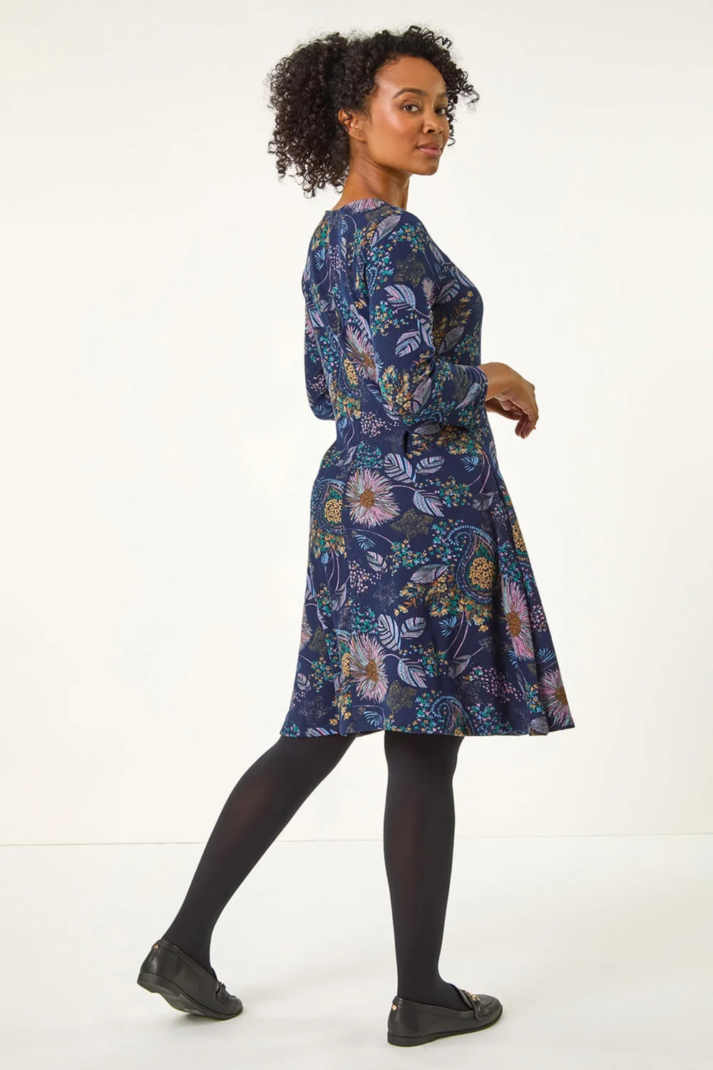 Roman Navy Petite Floral Print A-Line Stretch Dress - 10 Image 3