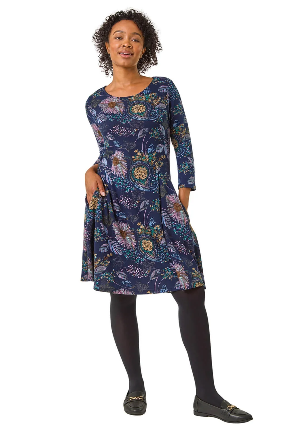 Roman Navy Petite Floral Print A-Line Stretch Dress - 10 Image 2