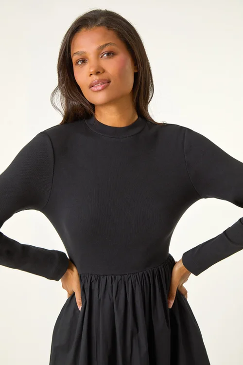 Roman Black Cotton Stretch Jersey Mix Midi Dress - Size 14 Image 4
