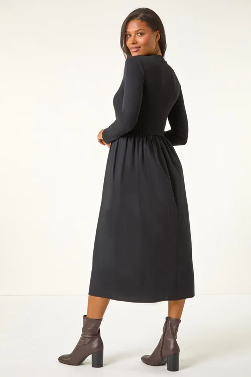 Roman Black Cotton Stretch Jersey Mix Midi Dress - Size 14 Image 3