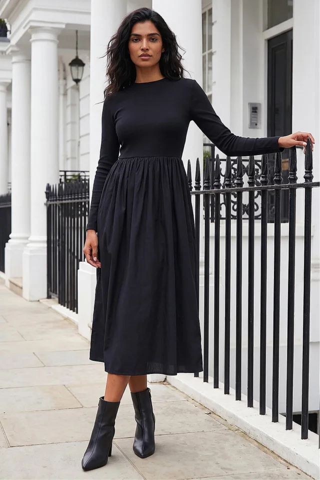 Roman Black Cotton Stretch Jersey Mix Midi Dress