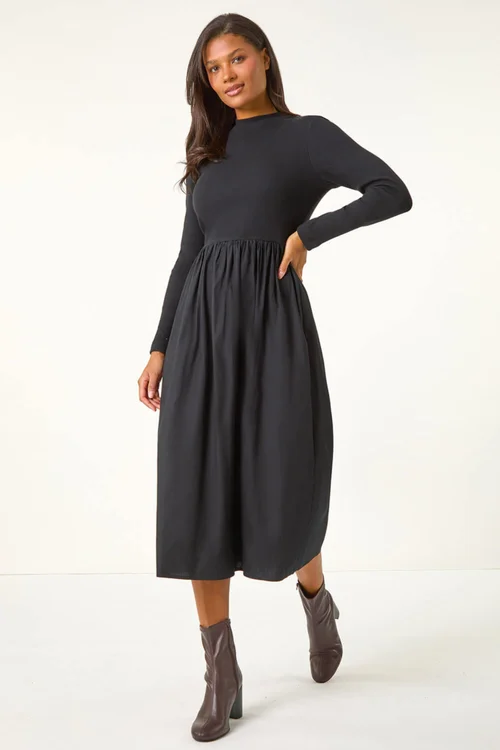 Roman Black Cotton Stretch Jersey Mix Midi Dress - Size 14 Image 2
