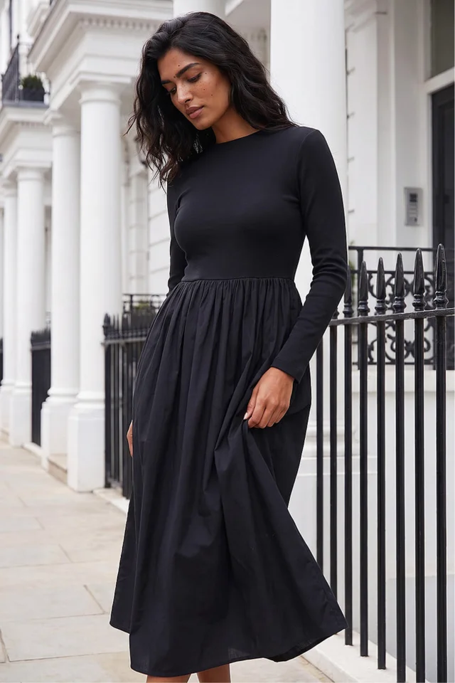 Roman Black Cotton Stretch Jersey Mix Midi Dress