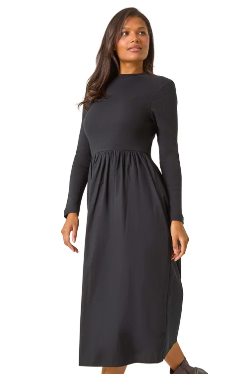 Roman Black Cotton Stretch Jersey Mix Midi Dress - Size 14 Image 1