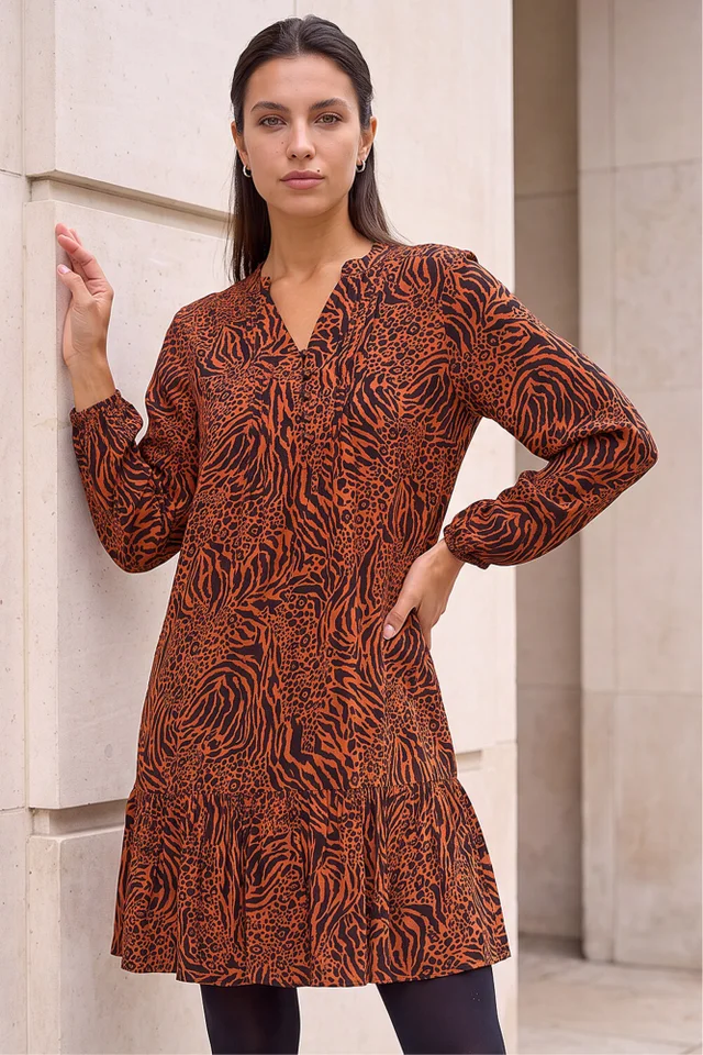 Roman Rust Animal Print Pintuck Smock Dress