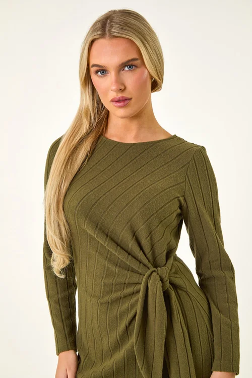 Roman Khaki Petite Brushed Tie Waist Stretch Midi Dress - 10 Image 4
